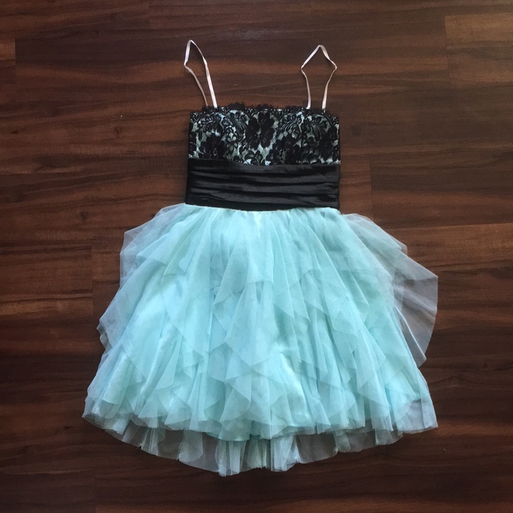 Deb Party Prom Dress Black Lace Bodice Blue Tulle Skirt Satin Straps Sleeveless